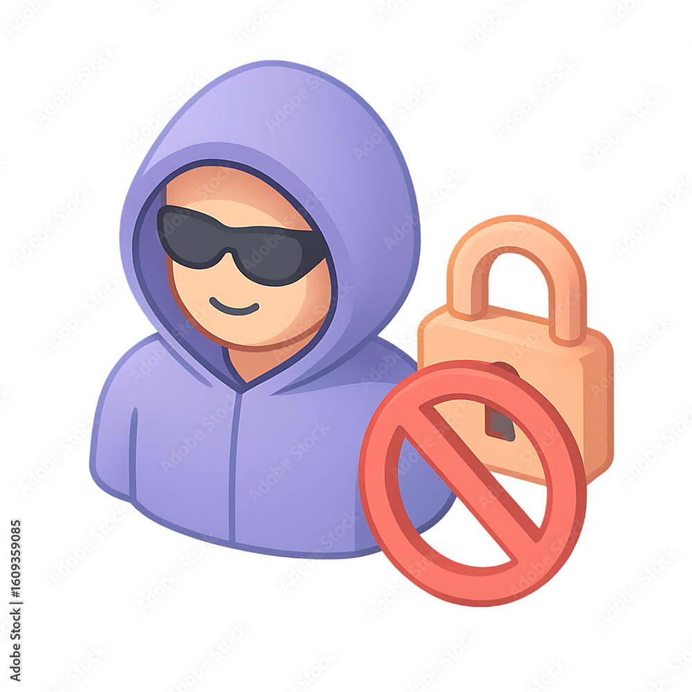 Poster 3d render isometric cartoon icon of anonymous hacker in hoodie with forbidden sign and security lock