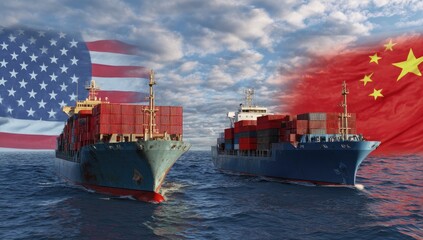 Two cargo ships, American and Chinese flags in the background