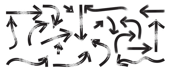 Arrow black brushes. Ink brush black and white arrows. Vector Grunge Arrows Collection. Arrow Sign Collection. Hand Drawn Red Up and Down Arrows Vector Design.