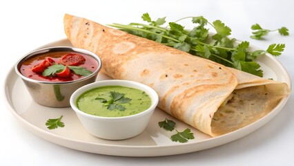 Delicious indian masala dosa served with sambar and green chutney garnished with coriander leaves