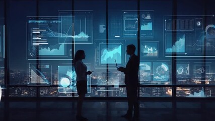 Dynamic business professionals collaborate in a futuristic office overlooking a cityscape, analyzing glowing data visualizations and charts on a large screen for strategic planning and innovation. - Powered by Adobe