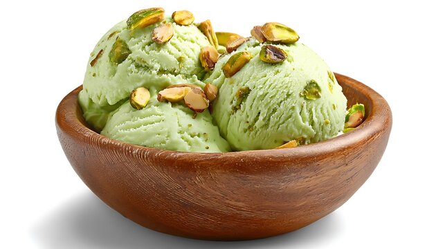 Lonely bowl of trendy pista ice cream isolated on a plain white background