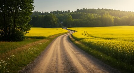 Obraz premium Winding Dirt Road Through Yellow Field on a Sunny Day