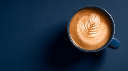 Cup of cappuccino with latte art in a blue mug on a dark background. Fresh coffee, barista art, morning energy, and café inspiration