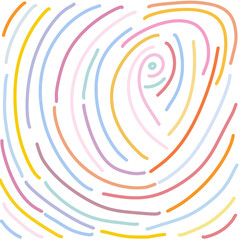 An abstract, hand-drawn spiral of colorful, curved, dashed lines creating a dynamic swirling vortex on a white background.
