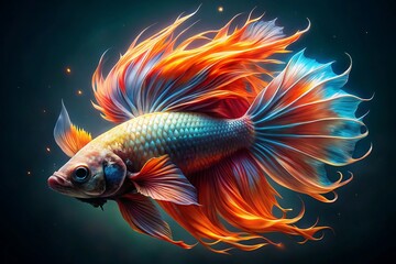 Fototapeta premium Vibrant betta fish with flowing fins displaying a spectrum of fiery orange blue and yellow hues in dark water