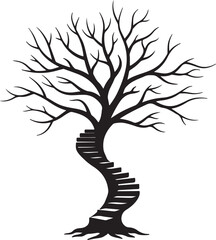 Symbolic Tree of Life Silhouette with Winding Staircase Ascending, Representing Growth, Transformation, and Journey with Bare Branches Against White Background