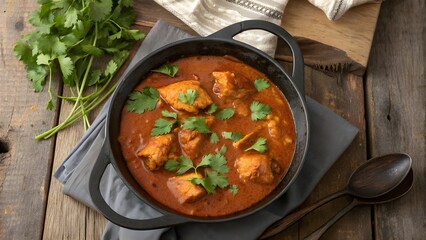 Delicious chicken curry served in a rustic black bowl garnished with fresh cilantro