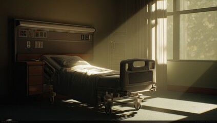 Hospital room interior, sunlit
