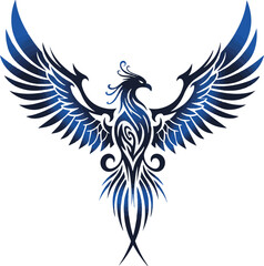 Majestic Phoenix with Spread Wings A Symbol of Rebirth and Transformation in Shades of Blue Against White Background