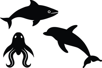 Diverse underwater marine life collection featuring stylized aquatic animal silhouettes