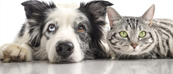 Obraz premium The adorable friendship between a dog and a cat lying together peacefully.