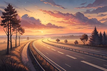 Fototapeta premium Scenic Highway at Sunset with Colorful Sky