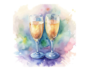 watercolor Champagne Glasses vector illustration isolated on white background
