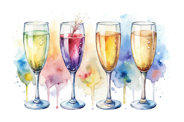 set of watercolor Champagne Glasses vector illustration isolated on white background