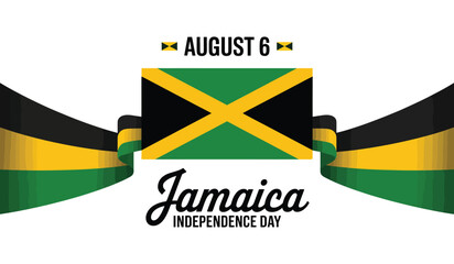 Jamaica Independence Day August 6 poster with central national flag, black-green-yellow ribbon elements, and greeting typography in bold layout