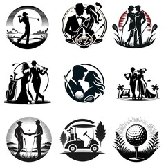 Set of Black-and-White Golf Silhouettes Featuring Couples, Swings, and Wedding Scenes

