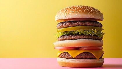 Delicious Double Cheeseburger with Fresh Lettuce, Onions, and Melted Cheese Against Bright Yellow Background