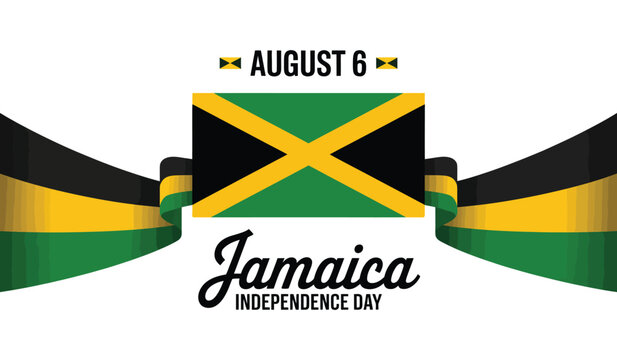 Jamaica Independence Day August 6 poster with central national flag, black-green-yellow ribbon elements, and greeting typography in bold layout - Powered by Adobe