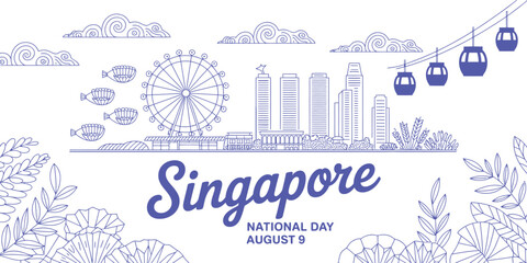 Singapore National Day August 9 tribute featuring Marina Bay Sands, Singapore Flyer, cable cars, tropical flora, and bold celebratory text
