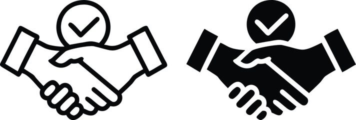 Handshake Icon with Check Mark in Black and White – Business Agreement Vector Symbol