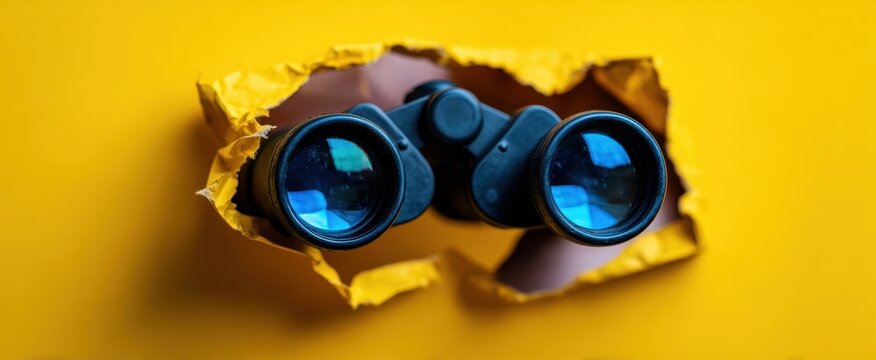 The binoculars peeking through a torn yellow paper background.