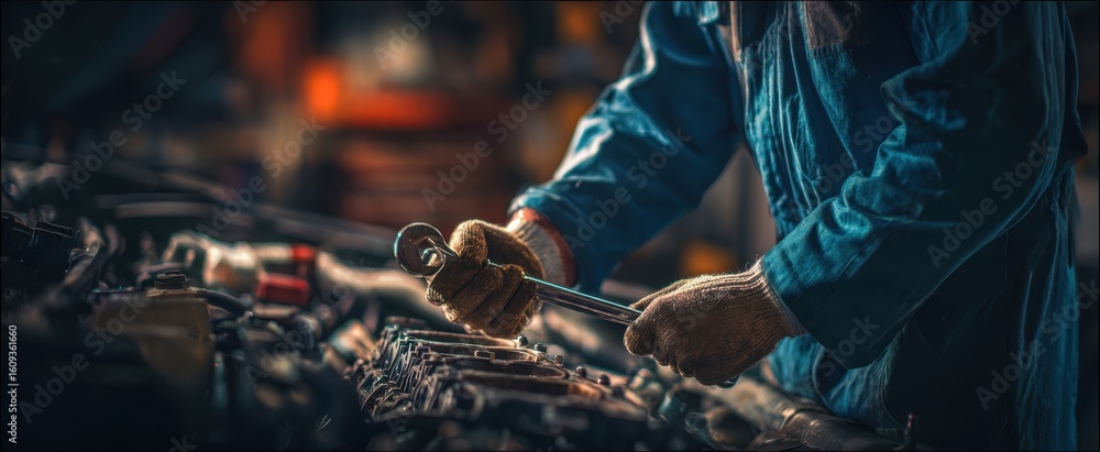 Poster the mechanic working on a vehicle with tools in a dimly lit workshop.