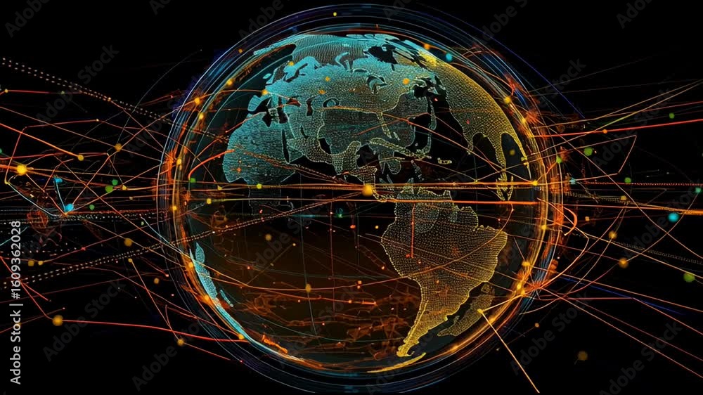 Poster glowing digital globe with interconnected lines and dots showcasing global communication, data flow,