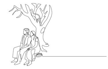 Couple sitting under a tree, single line drawing


