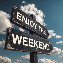 Enjoy the weekend road sign blue sky clouds motivation relaxation message
