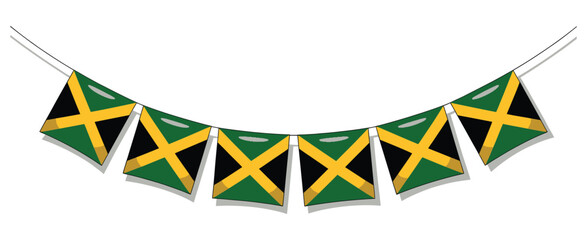 Jamaica Independence Day garland with five evenly spaced national flags hanging on a line against white background in minimal festive style