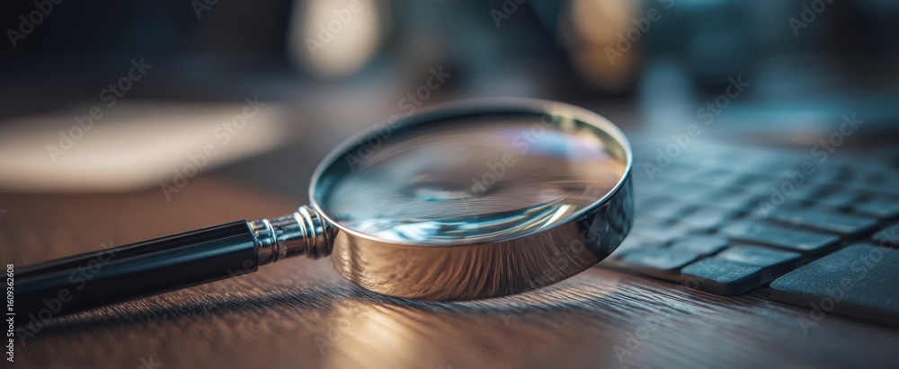 Poster the magnifying glass resting on a keyboard in a modern workspace setting.