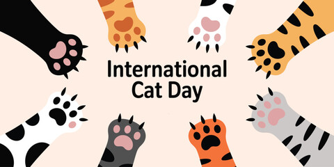 International Cat Day circle featuring multi-colored cat paws with patterns arranged around center greeting on a clean white background