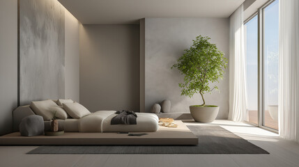 Zen-inspired bedroom, neutral tones, one bed and a single plant