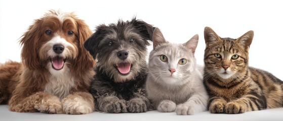 Obraz premium The joyful gathering of playful dogs and cats in a studio setting.