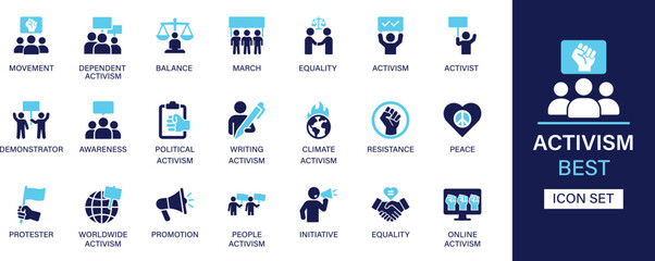 Activism icon set collection. Movement, dependent, balance, march, equality, activist, demonstrator, awareness, pollical, writing, climate and best solid icon set.