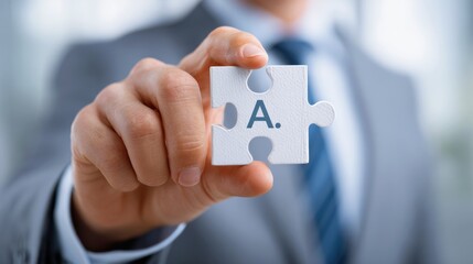 Fundraising Trends for Startups. A person in a suit holds a white puzzle piece with the letter "A." in focus, symbolizing problem-solving or finding the right fit.