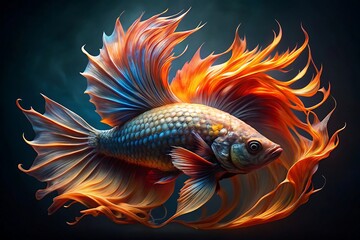Fototapeta premium Majestic betta fish with fiery orange and blue fins dances gracefully in dark aquatic depths