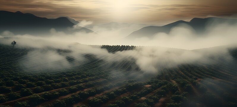 a light Coffee fields , coming out of the smoke, Generative ai
