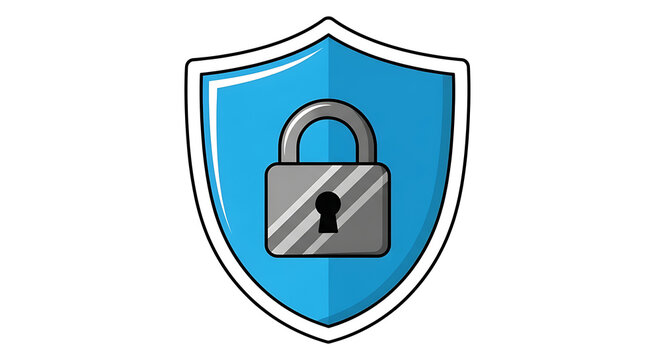 A cartoon style blue shield with a gray padlock in the center on a white isolated background ai generated