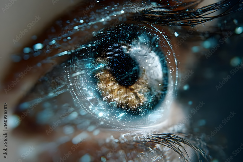 Aufkleber close up of an eye with glowing digital interface, representing the integration of technology with h