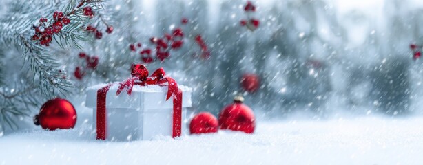 The beautifully wrapped Christmas gift amid a snowy winter landscape.
