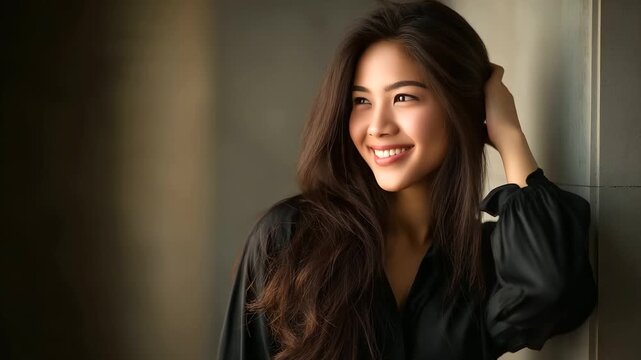Cheerful Thai Model with Soft Lighting and Hair Touch