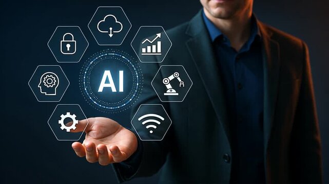 Man presenting glowing AI circel with six tech icons floating above it, futuristic Search Interface layout showing smart AI Results and data feature