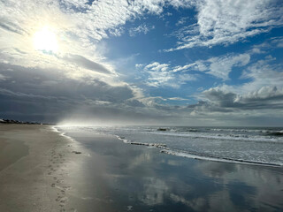 Misty colorful sunset at beach. 