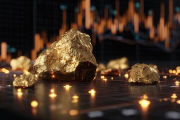 Gold nuggets on a grid, financial chart background