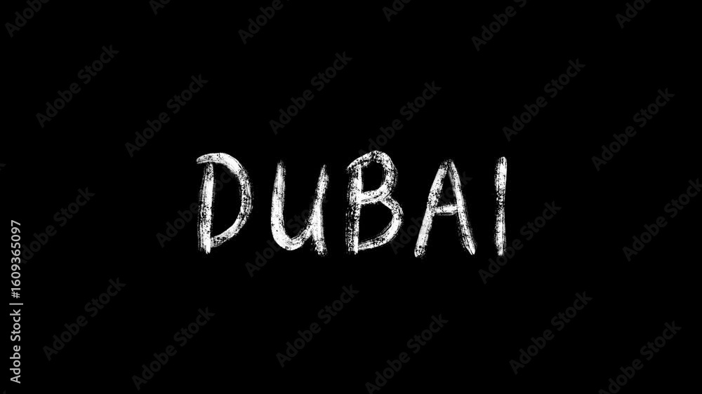Poster animated dubai word with a white chalkboard texture on a black background for visualizing uae city t