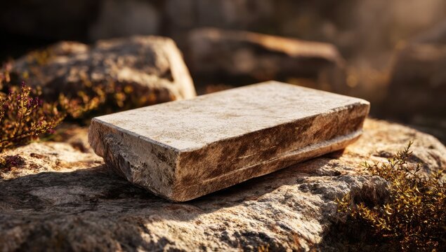A weathered stone block rests on a natural rock platform, bathed in warm sunlight, suggesting strength and timelessness in the outdoors.