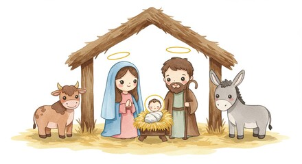 Holy family with newborn baby Jesus Christ in a manger stable. Christmas nativity scene with Mary, Joseph, cow and donkey. © Svitlana Vorotniak
