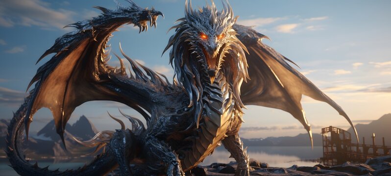 lake dragon Wireframe, mozaic art,, Generative ai - Powered by Adobe